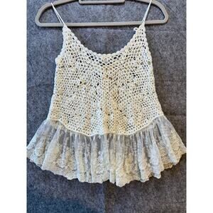 Truluv Women's 14 Cream Crochet Button Front Tank Top with Lace